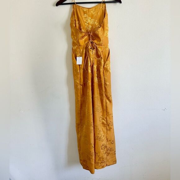 NWT Gold floral satin silk embroidered cropped jumpsuit Urban Outfitters - Picture 2 of 6